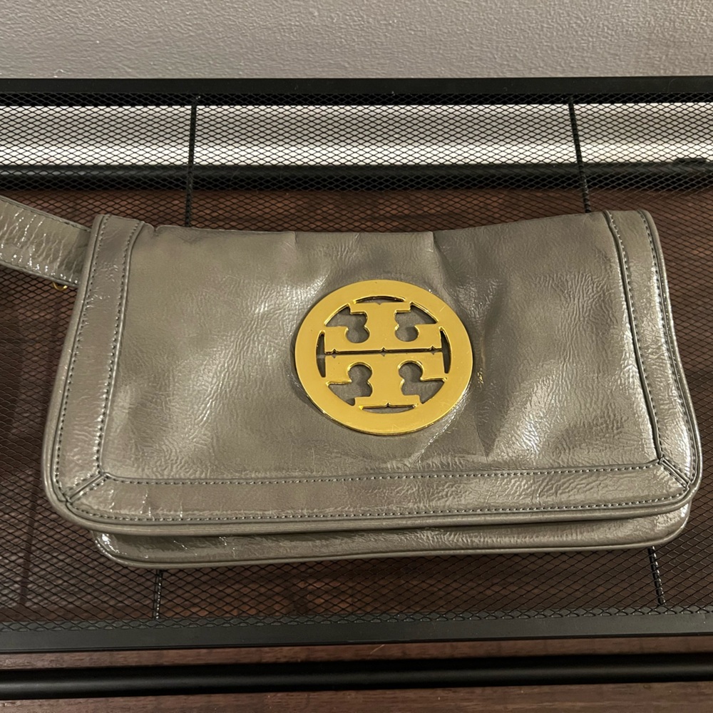 Tory Burch Metallic Silver Bag with Gold Emblem